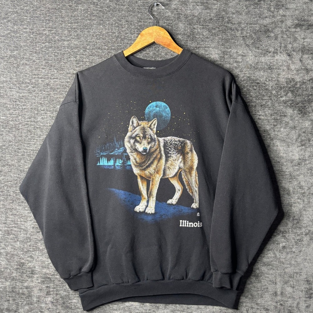 Vintage 90s Wolf Illinois Sweatshirt Mens XL Black Moon Graphic Tultex Grunge